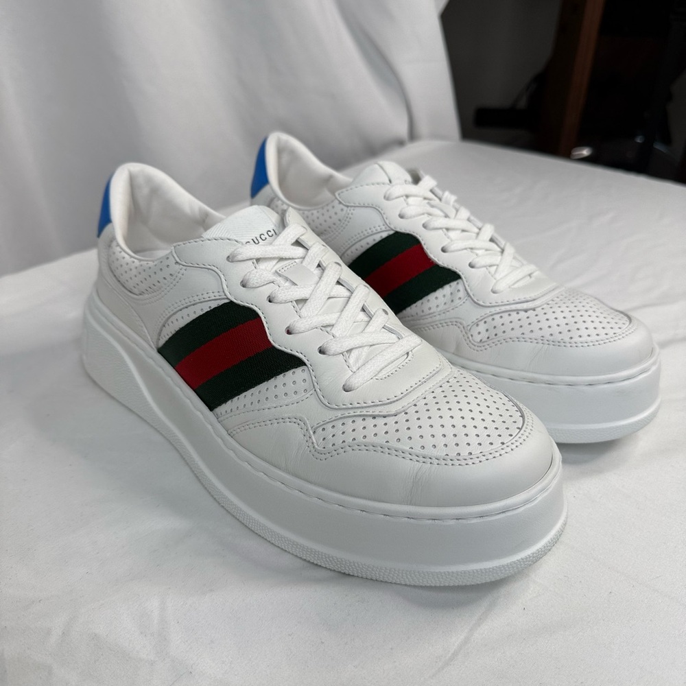 Gucci Men's Chunky Web Low Top White Sneakers with Green and Red Stripes